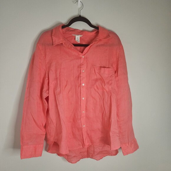 Salmon Coloured Linen Long Sleeve Shirt Large - Picture 1 of 8